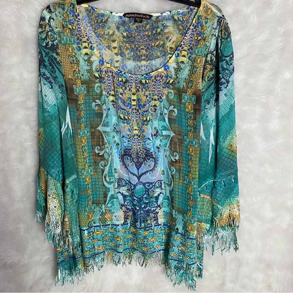 Mushka Sienna Rose Semi Sheer Blouse Multicolor Bohemian Fringed Tunic Top Sz 1X